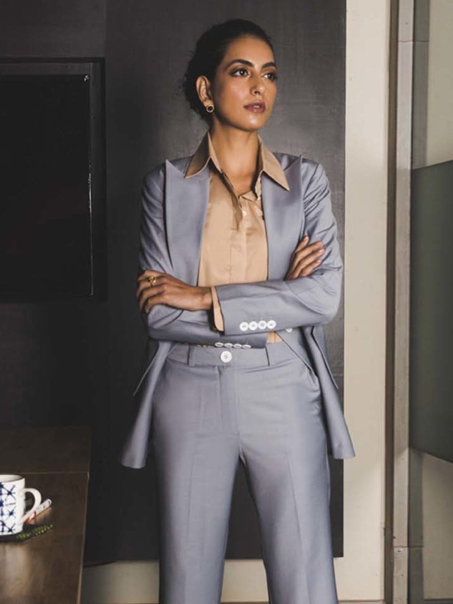 Qua Grey Stretch Wool Tailored Blazer