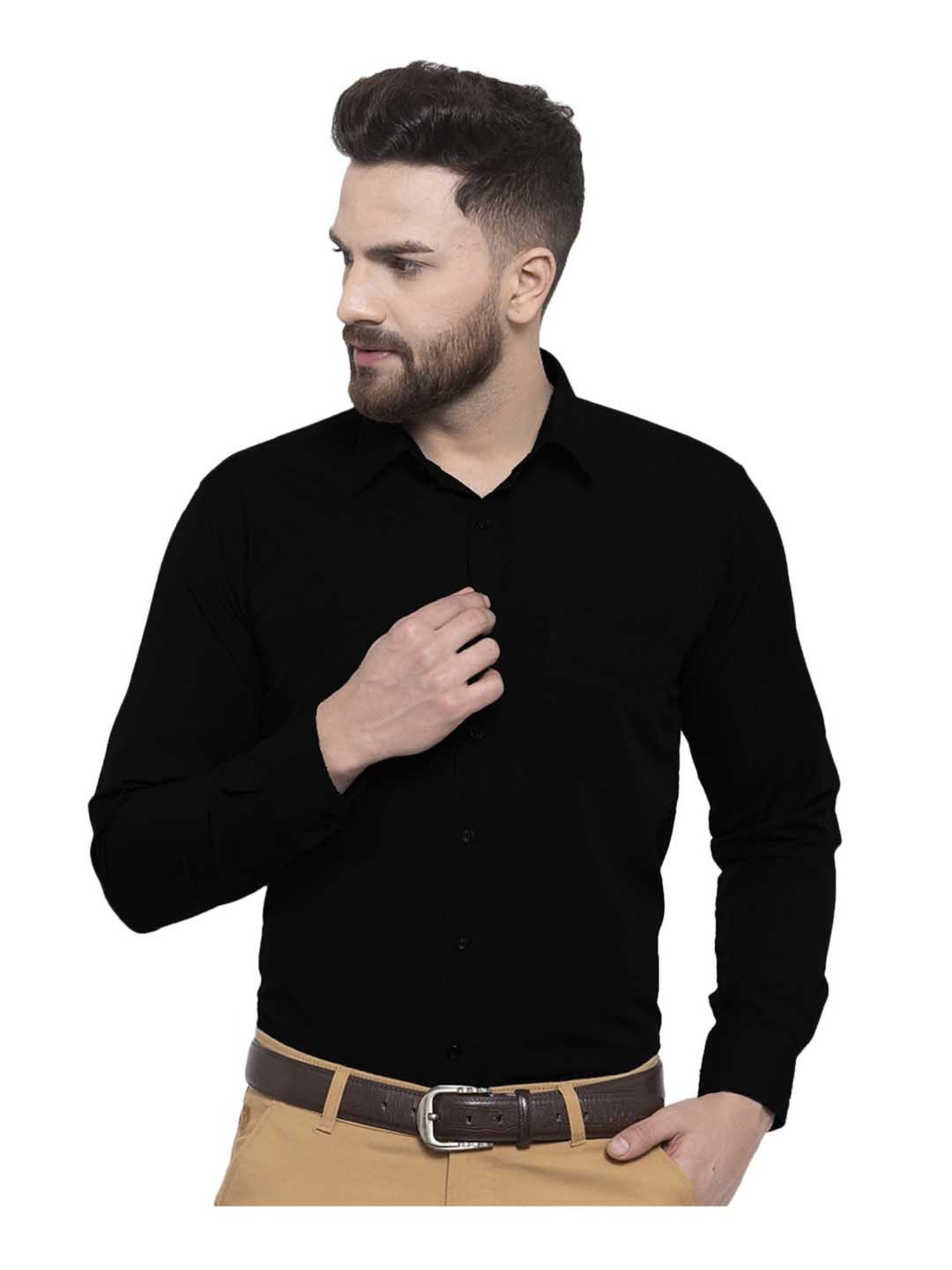 English Navy Black Slim Fit Solid Shirt