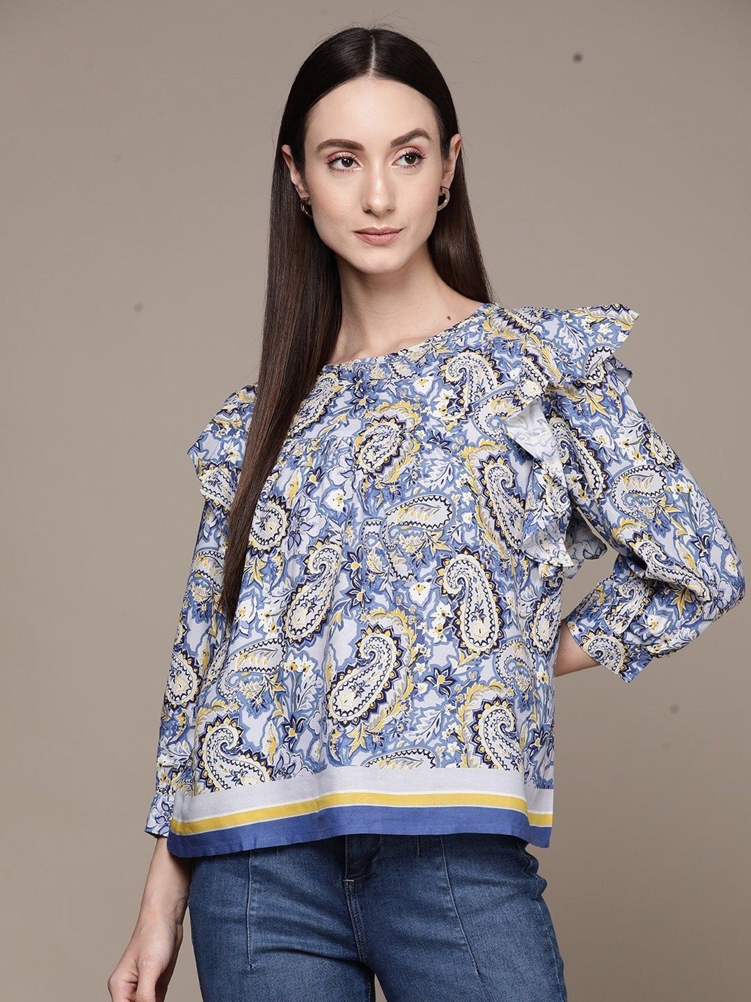 Label Ritu Kumar Navy Blue Rayon Paisley Top