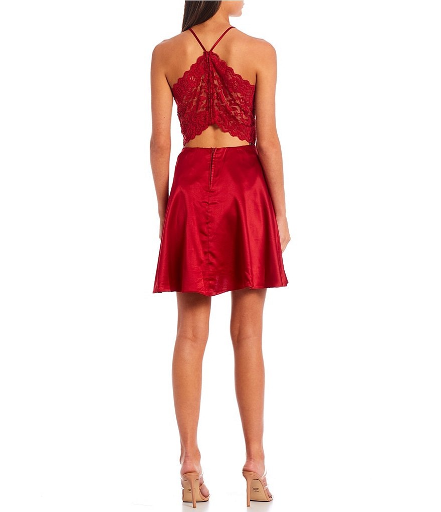 B. Darlin Satin Lace-Bra-Back Fit-and-Flare Dress