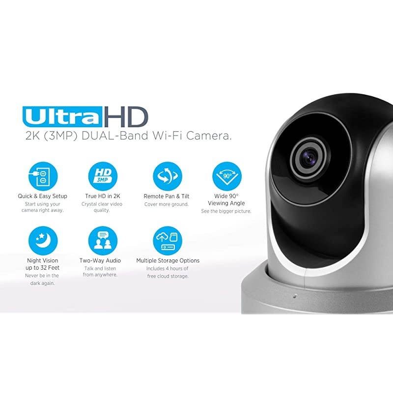 UltraHD 2K WiFi Camera 3MP 2304TVL Dualband 5ghz 24ghz Indoor PanTiltZoom Surveillance Wireless IP Camera Home Video Security System wIR Night Vision TwoWay Talk IP3M941 Silver