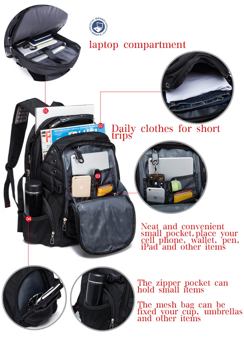 ESTONE 17 inch  Men's Backpack Computer Notebook School Travel Bags Unisex Large Capacity bagpack waterproof Business Fit up to 17 inch Laptop, Notebook,Mackbook