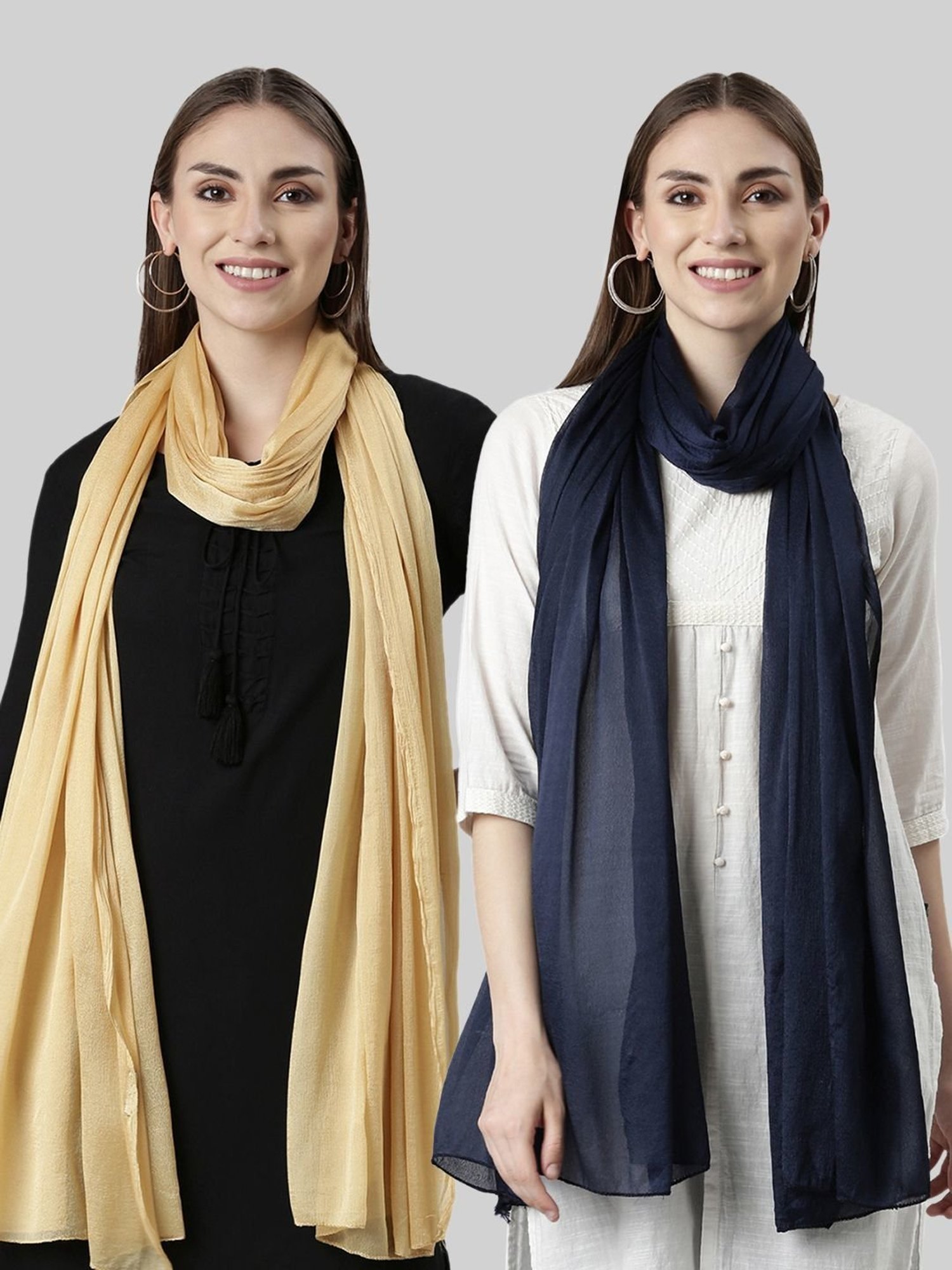 TWIN BIRDS Golden & Navy Plain Dupatta - Pack Of 2