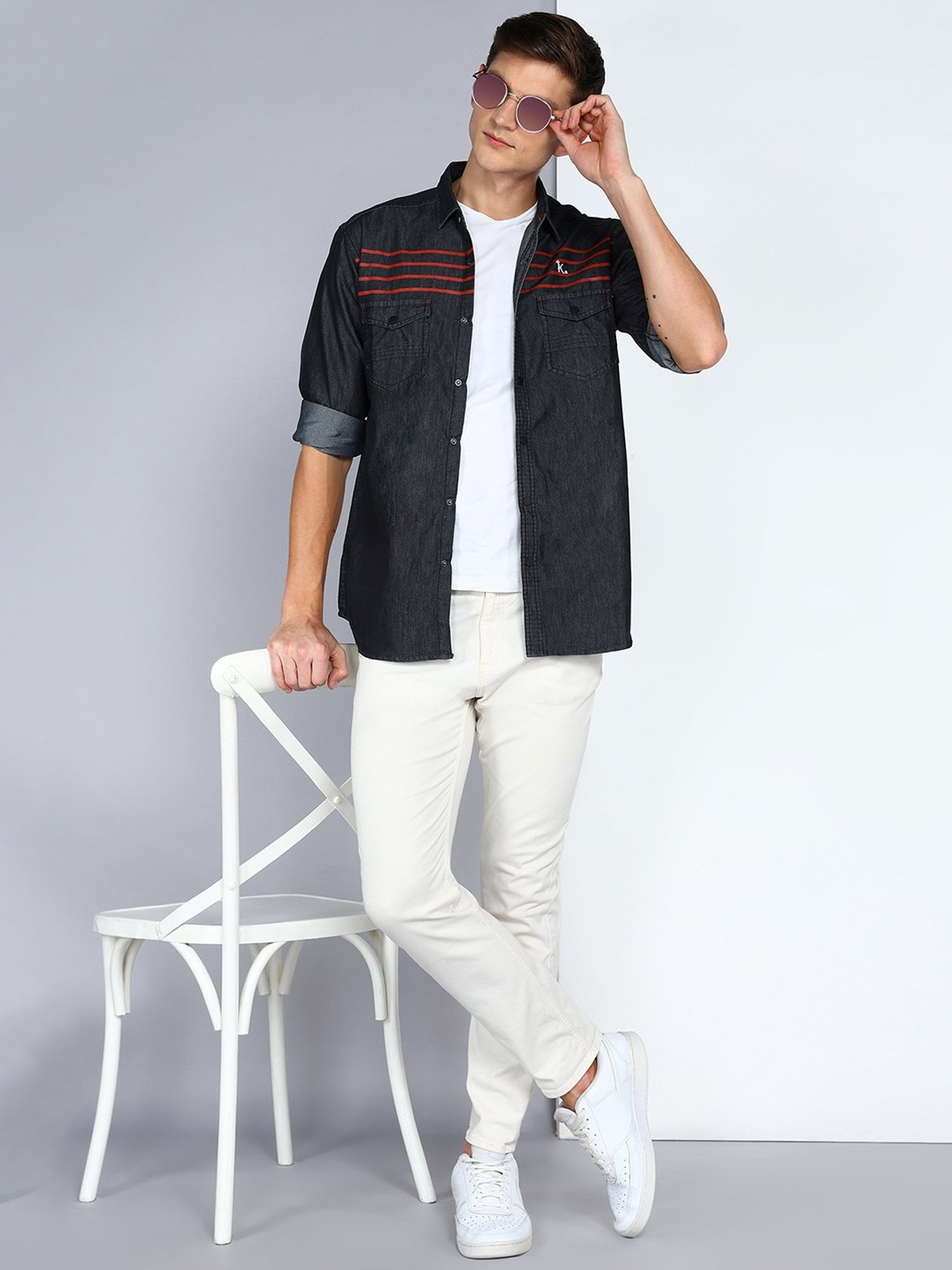 Kuons Avenue Charcoal Slim Fit Striped Denim Shirt