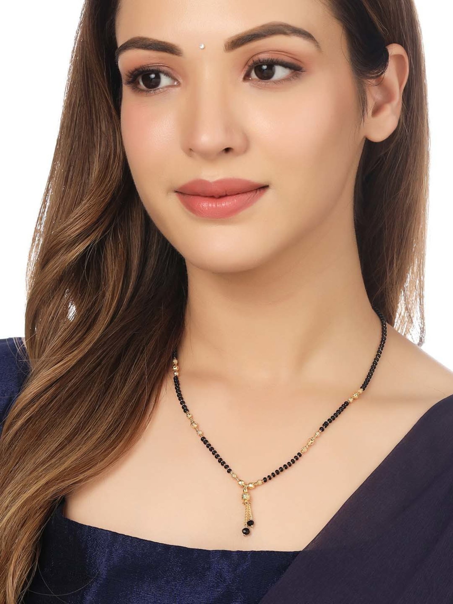 NVR Black Gold-Plated Beaded Mangalsutra with AD Stone for Women - Set of 2