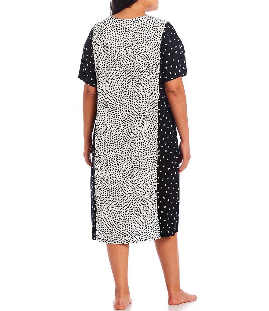 Donna Karan Plus Dot Printed Long Knit V-Neck Short Sleeve Sleepshirt