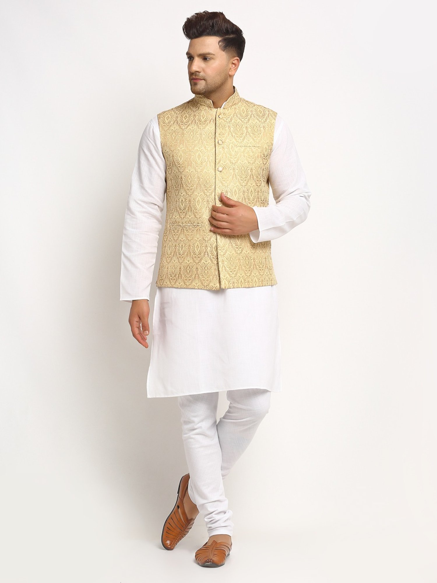 Treemoda Light Golden Regular Fit Self Pattern Nehru Jacket