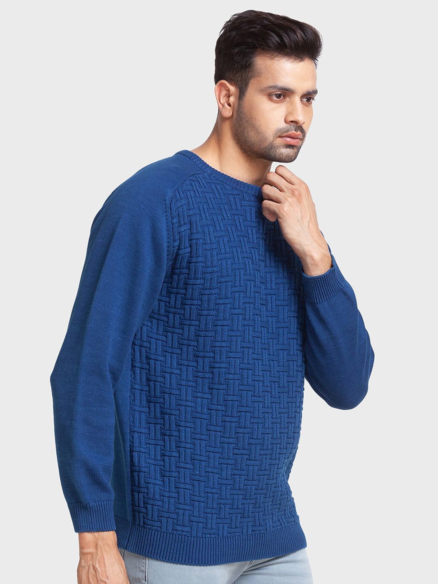 ColorPlus Blue Cotton Tailored Fit Self Pattern Sweaters
