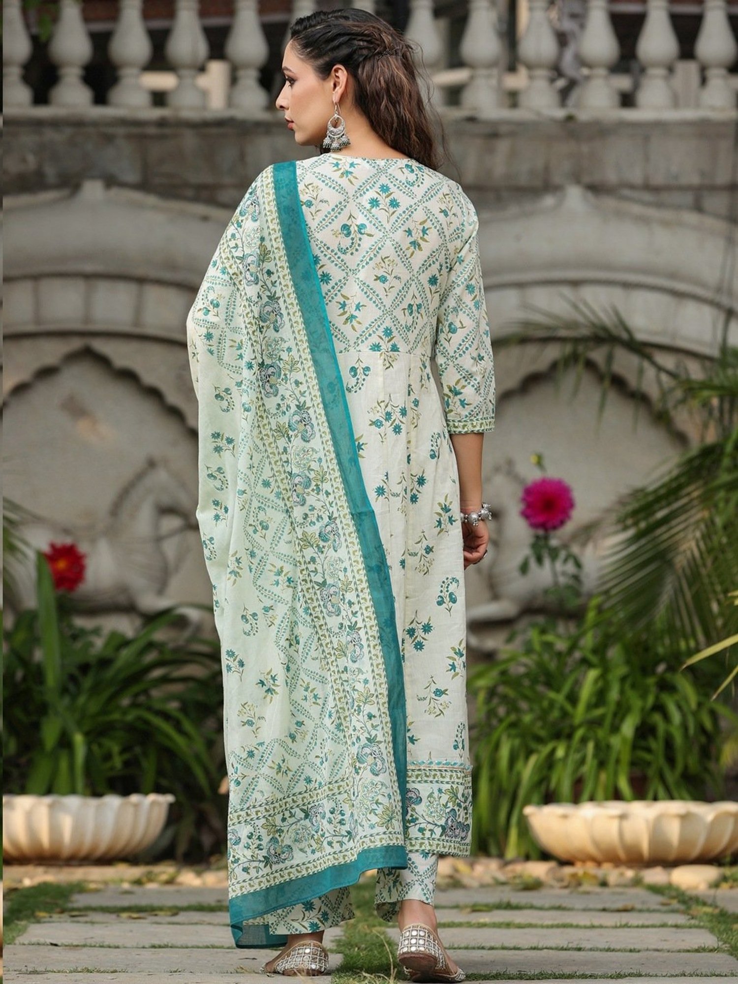 Rain and Rainbow Green Cotton Printed Kurta Pant Set With Dupatta