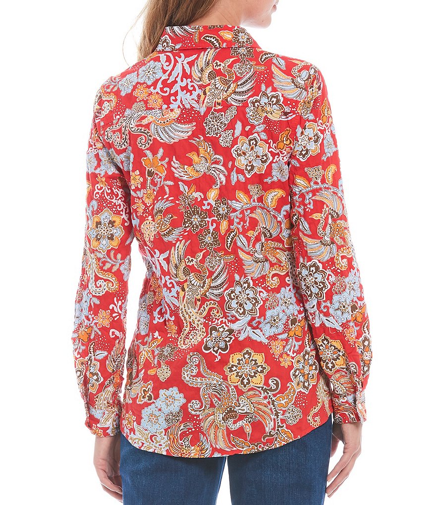 J.McLaughlin Lois Floral Print Crinkle Stretch Cotton Point Collar Long Sleeve Blouse