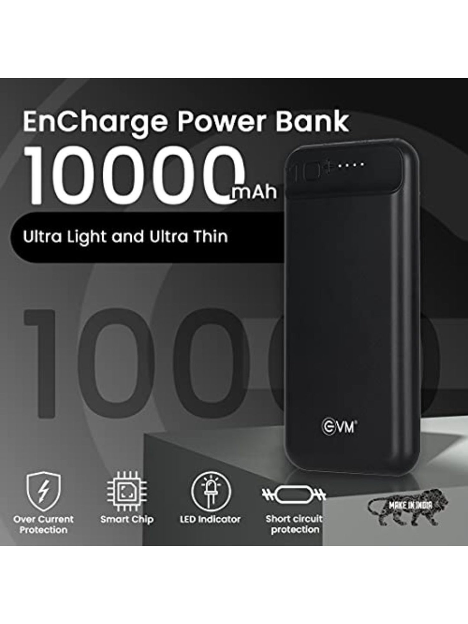 EVM Encharge Lithium-Polymer Power Bank 10000mAh with Micro USB Cable (Black)