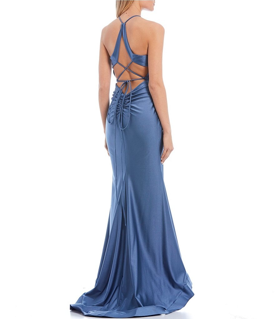 Blondie Nites Halter-Neck Power Sateen Lace-Up Back Long Dress