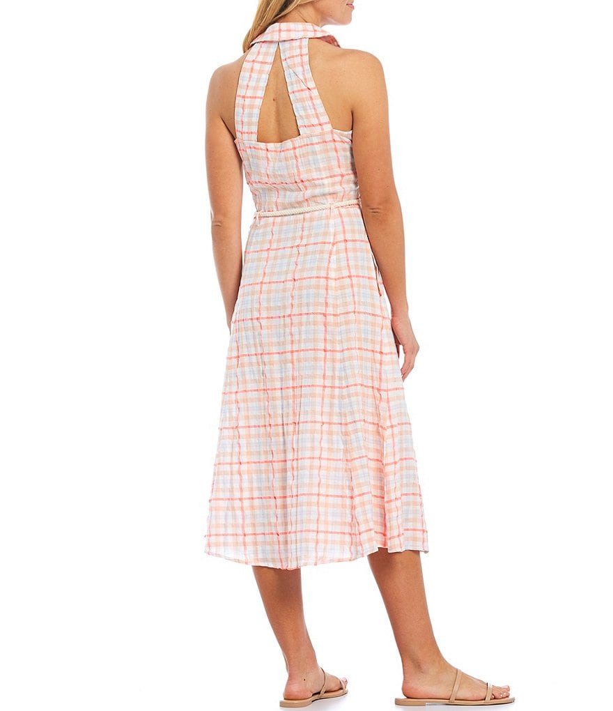 Ella Moss Christina Gingham Cut-Out Back Button Front Sleeveless Belted Midi Dress