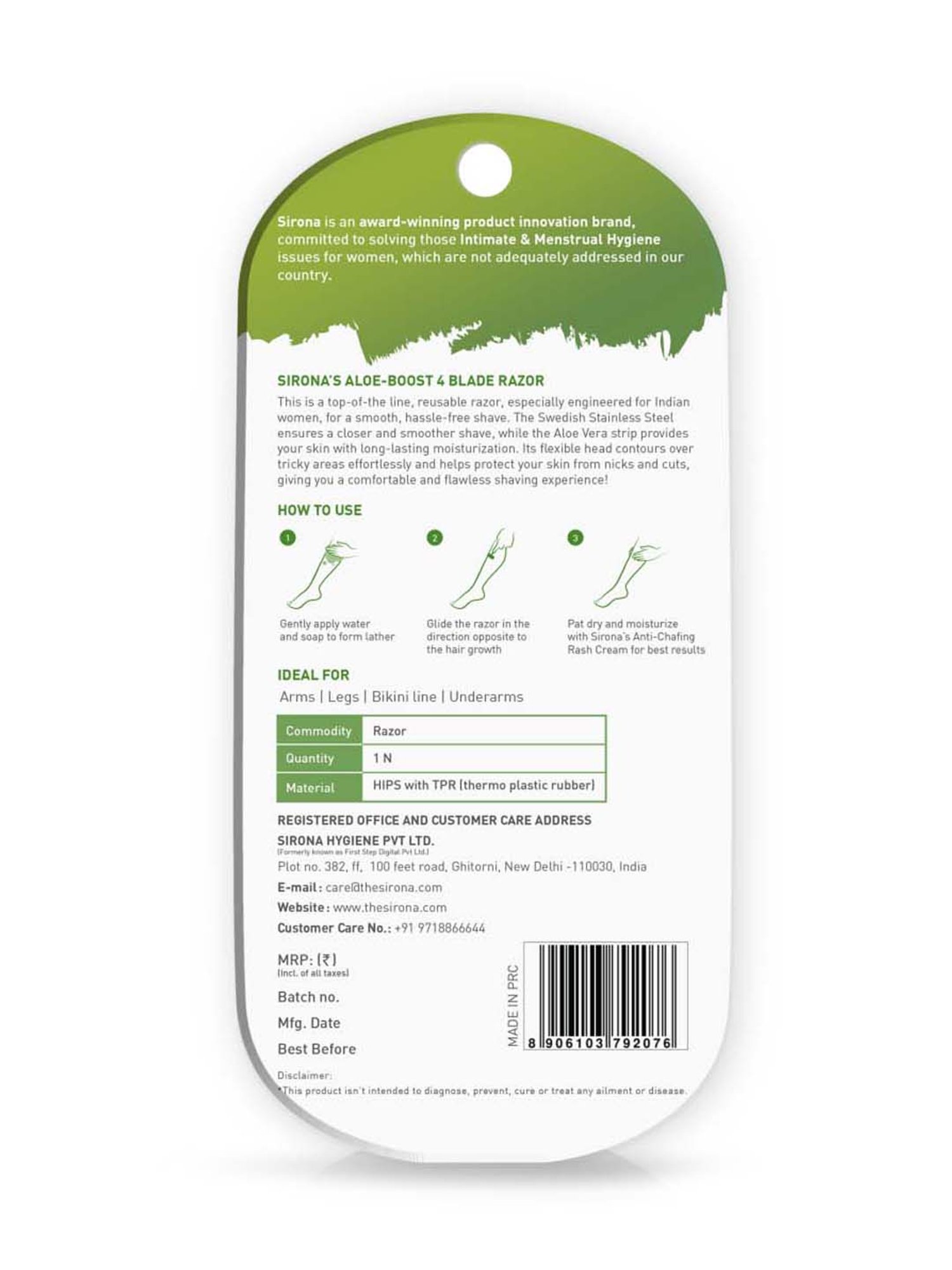 Sirona Aloe- Boost 4 Blade Reusable Hair Removal Razor - 1 Pcs
