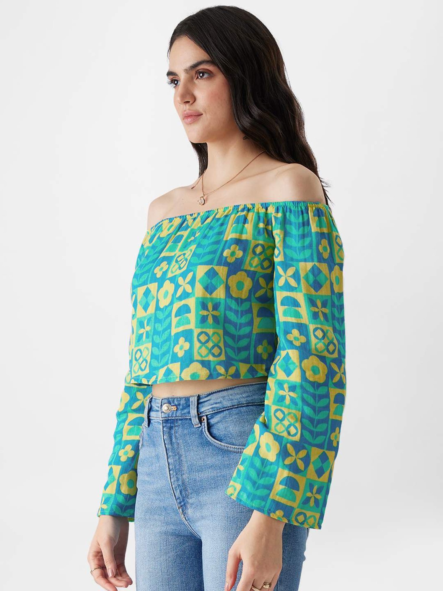 The Souled Store Blue Cotton Printed Crop Top