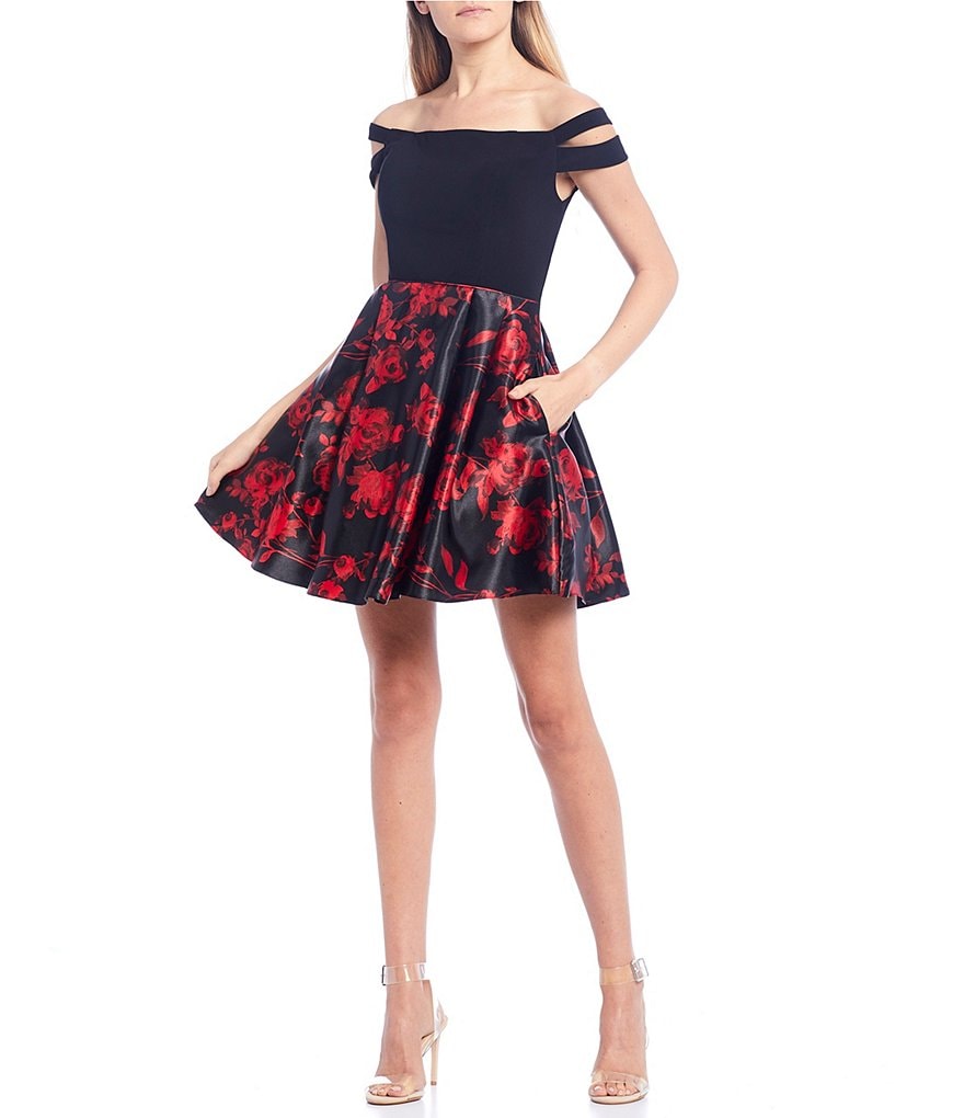 Blondie Nites Off-the-Shoulder Double Strap Floral Print Skirt Fit-and-Flare Dress