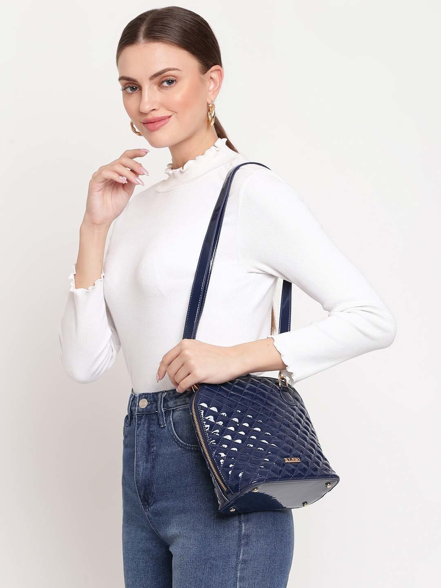 KLEIO Navy Blue Rivets Medium Sling Handbag