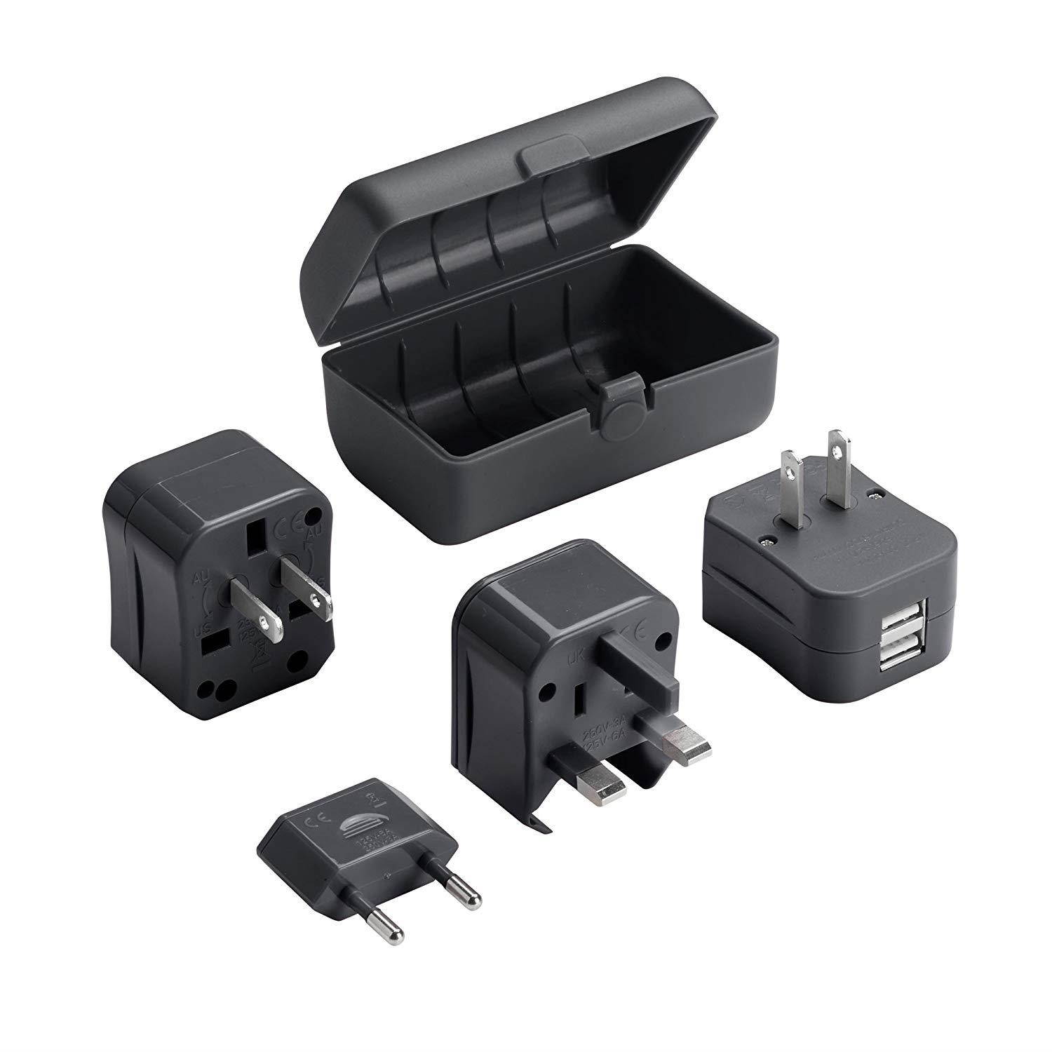 Lewis N Clark Adapter Plug Kit W/ 2.1a Dual USB Charger, Black