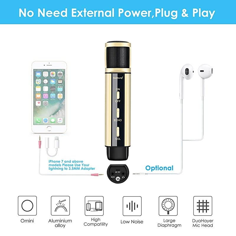 Studio Recording Microphone,  Condenser Broadcast Microphone w/Stand Built-in Sound Card Echo Recording Karaoke Singing for Phone Computer PC Garageband Smule Live Stream & YouTube (Gold)