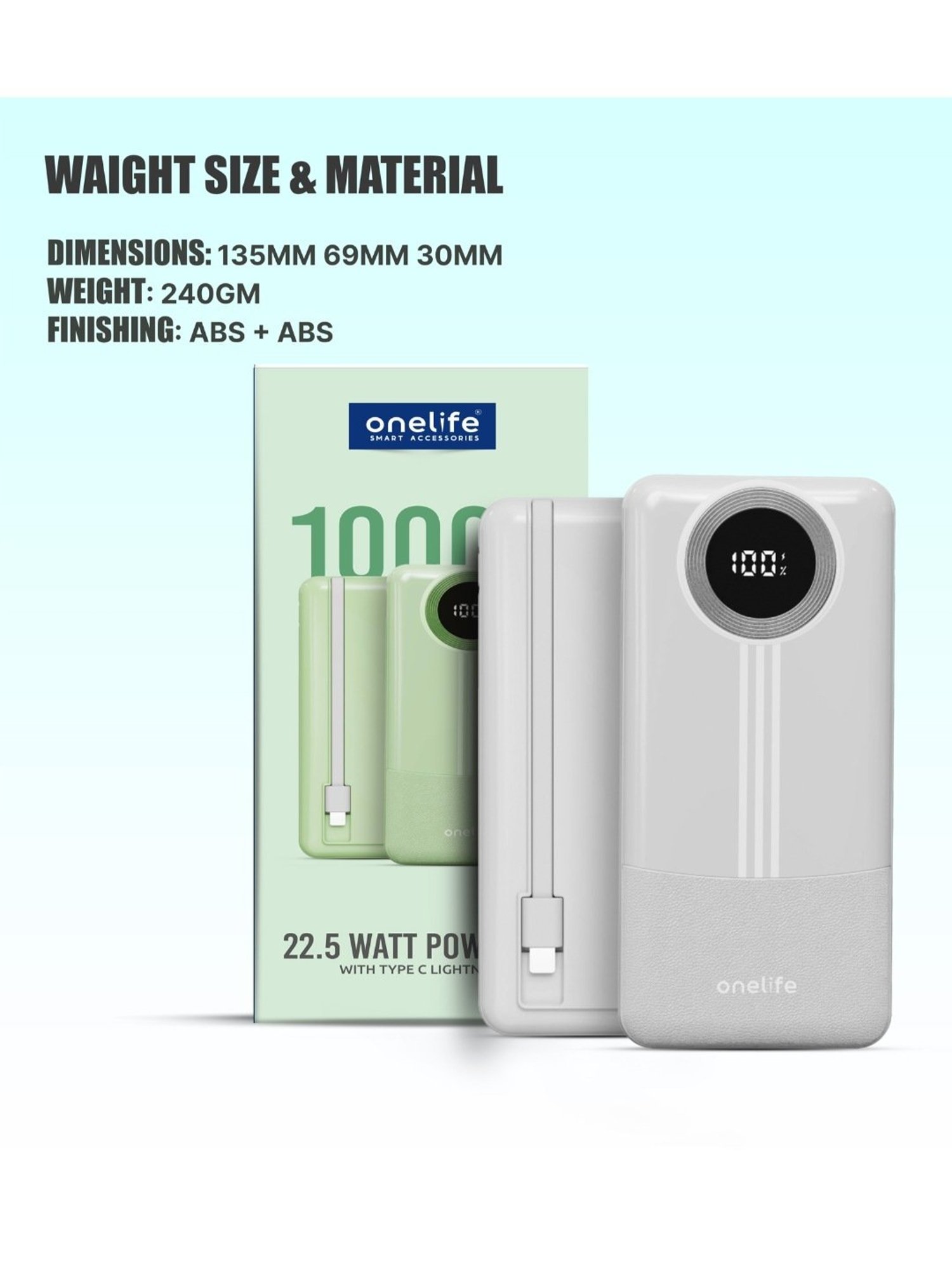 Onelife Power 14, 10000 mAh 22.5W Slim Quick Charge Power Bank (White)