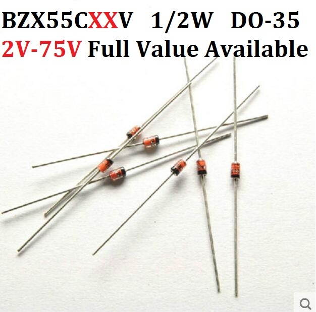 0.5W 10V 100pcs 1/2W Zener diode DO-35 BZX55C2V2 2V 2.2/2.4/2.7/3/3.3/3.6/3.9/4.3/4.7/5.1/5.6/6.2/6.8/7.5/8.2/9.1/V 10V 11V 12V 13V 15V