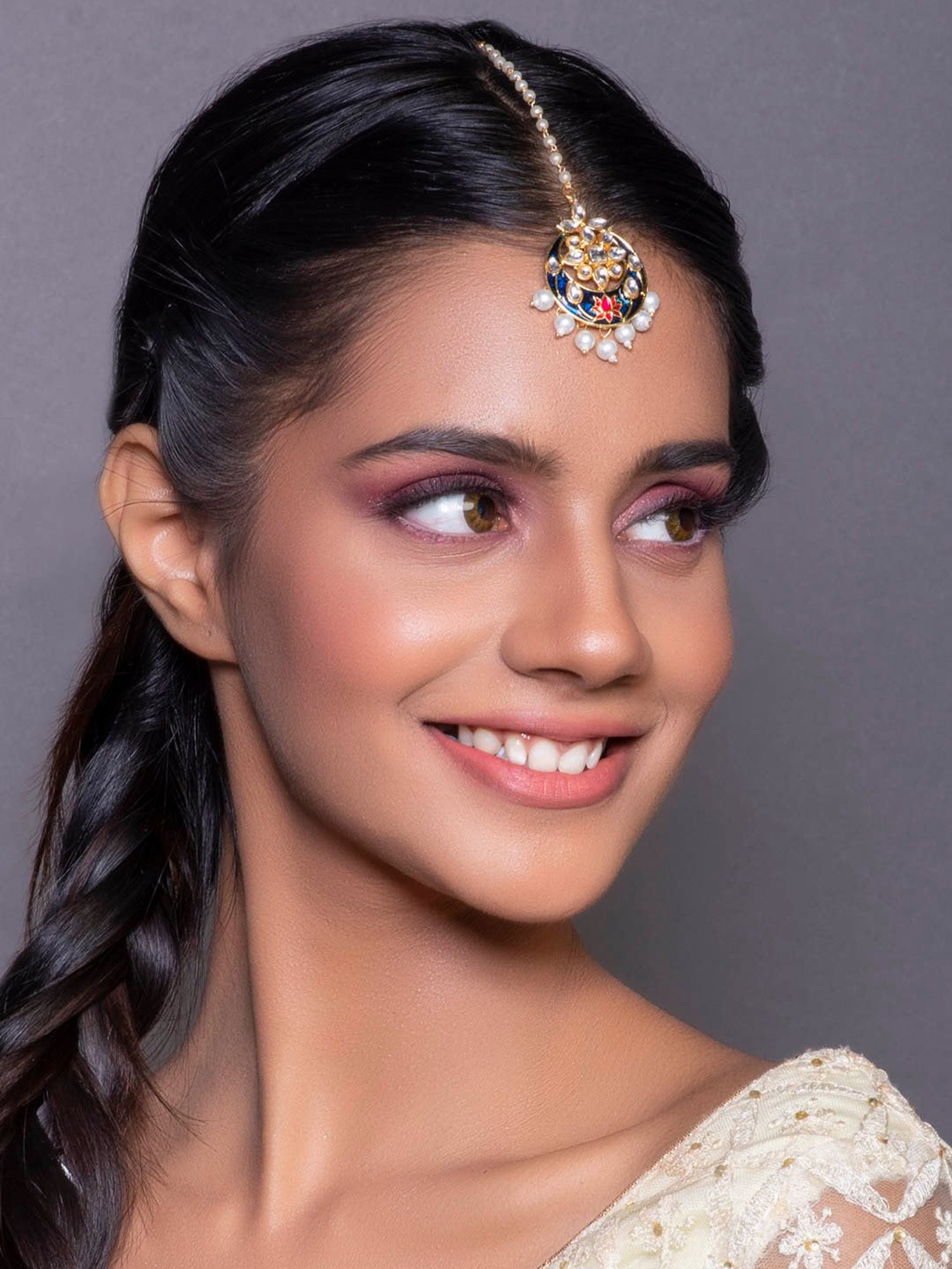 Fida Kundan Pearls Blue Pink Enamelled Floral Crescent Mangtikka for Women