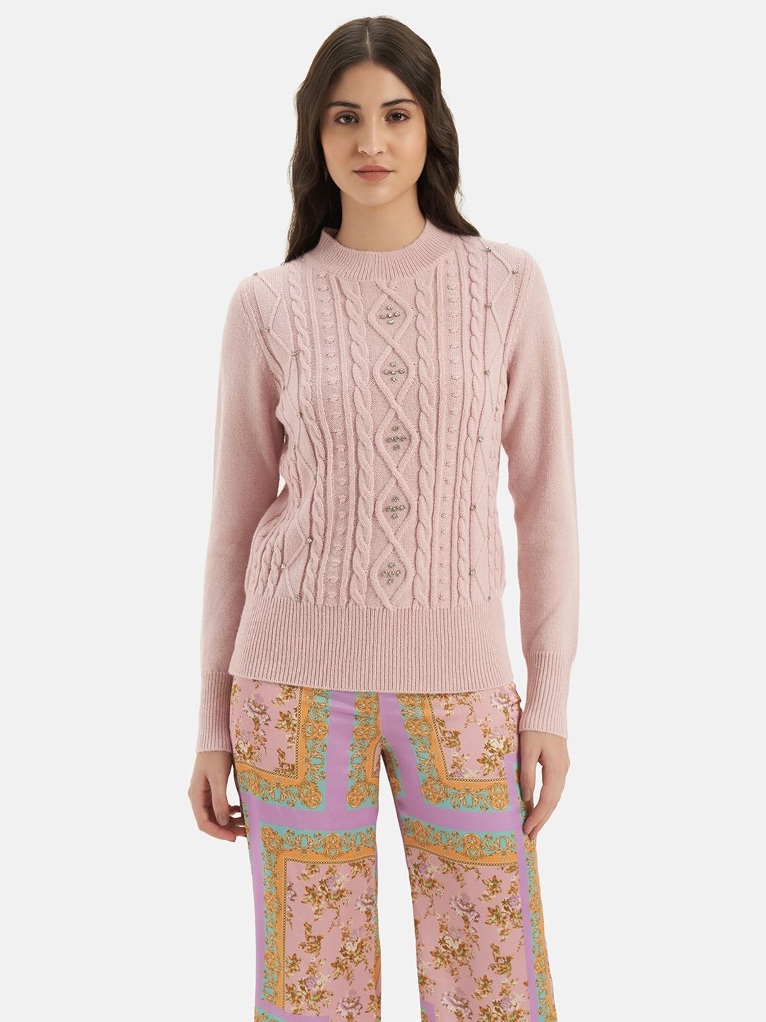 Kazo Light Pink Embellished Cable Knit Pullover