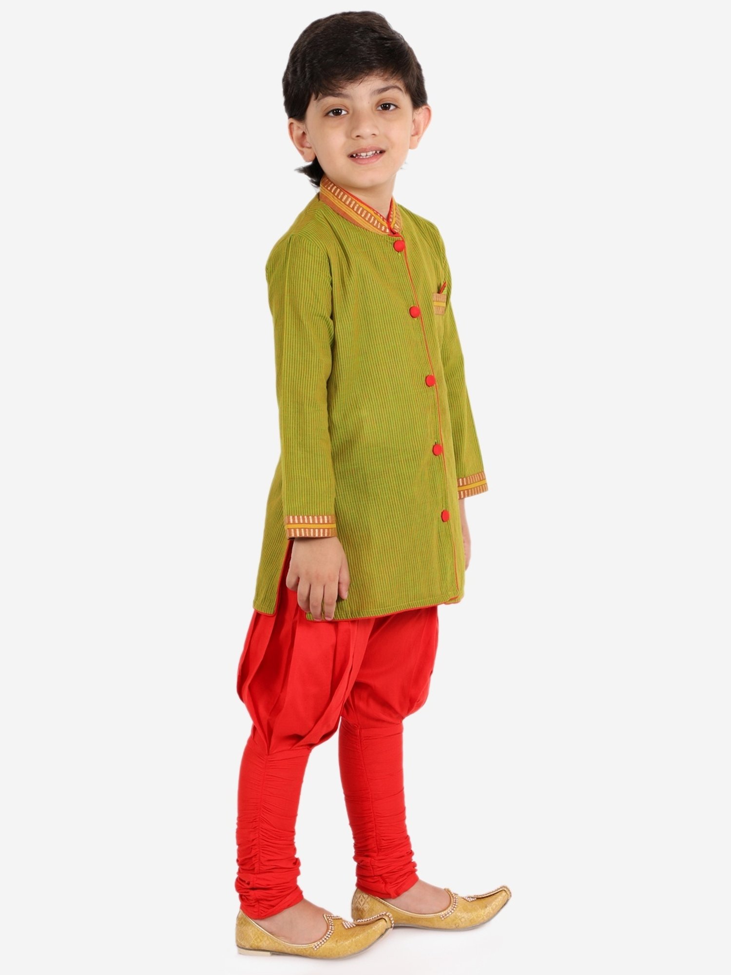 TWISHA Kids Green & Red Cotton Striped Full Sleeves Kurta Set