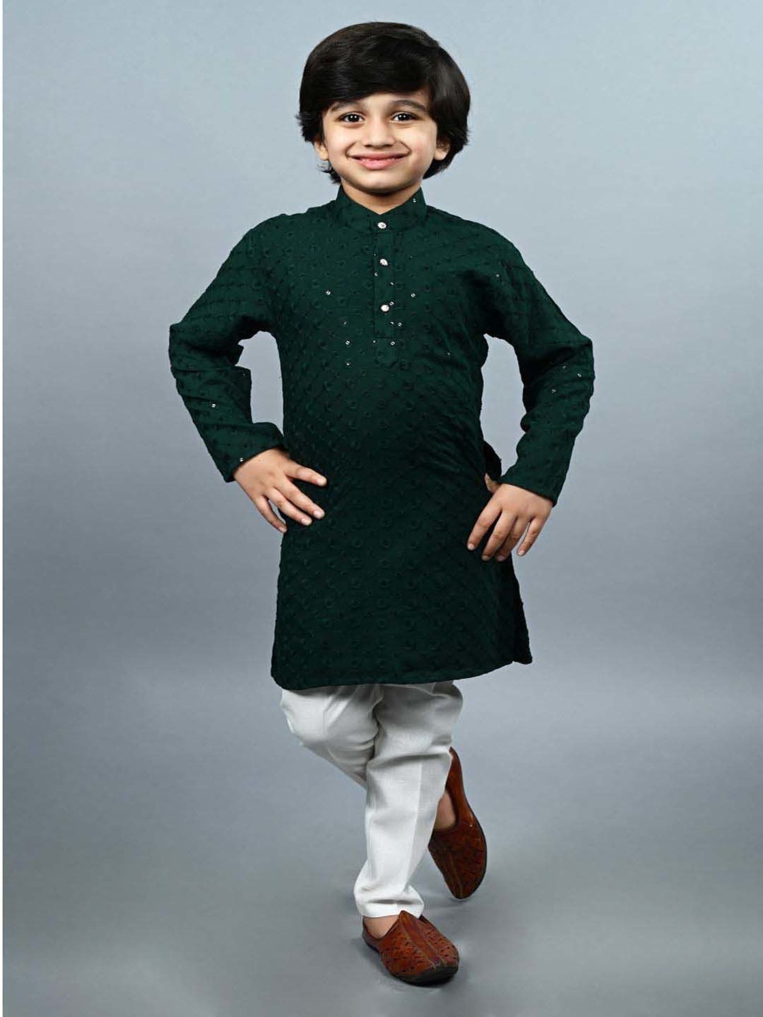 Ahhaaaa Kids Green Cotton Embellished Full Sleeves Kurta Set