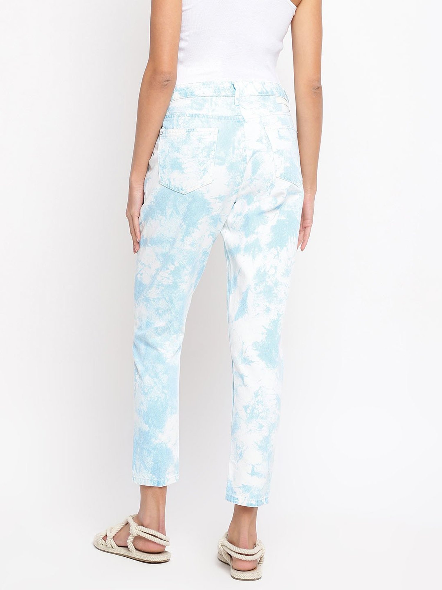 Tales & Stories Sky Blue Cotton Tie - Dye Mom Fit Jeans