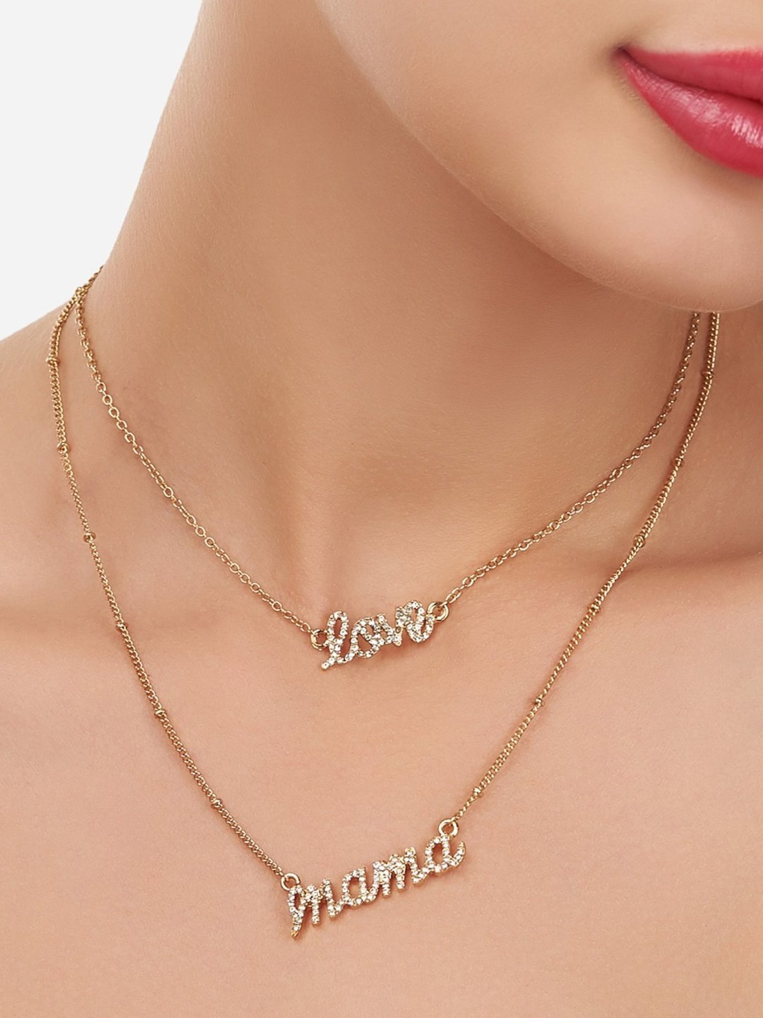 Zaveri Pearls Gold Tone 2 layers Austrian Diamonds Studded Love Mama Necklace Earring Set-ZPFK12071