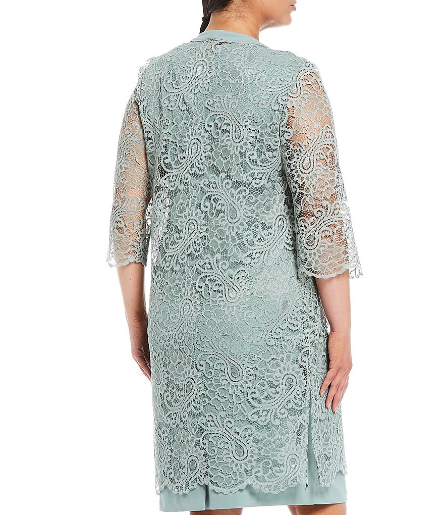 Le Bos Plus Size V-Neck 3/4 Sleeve 2-Piece Lace Jacket Dress