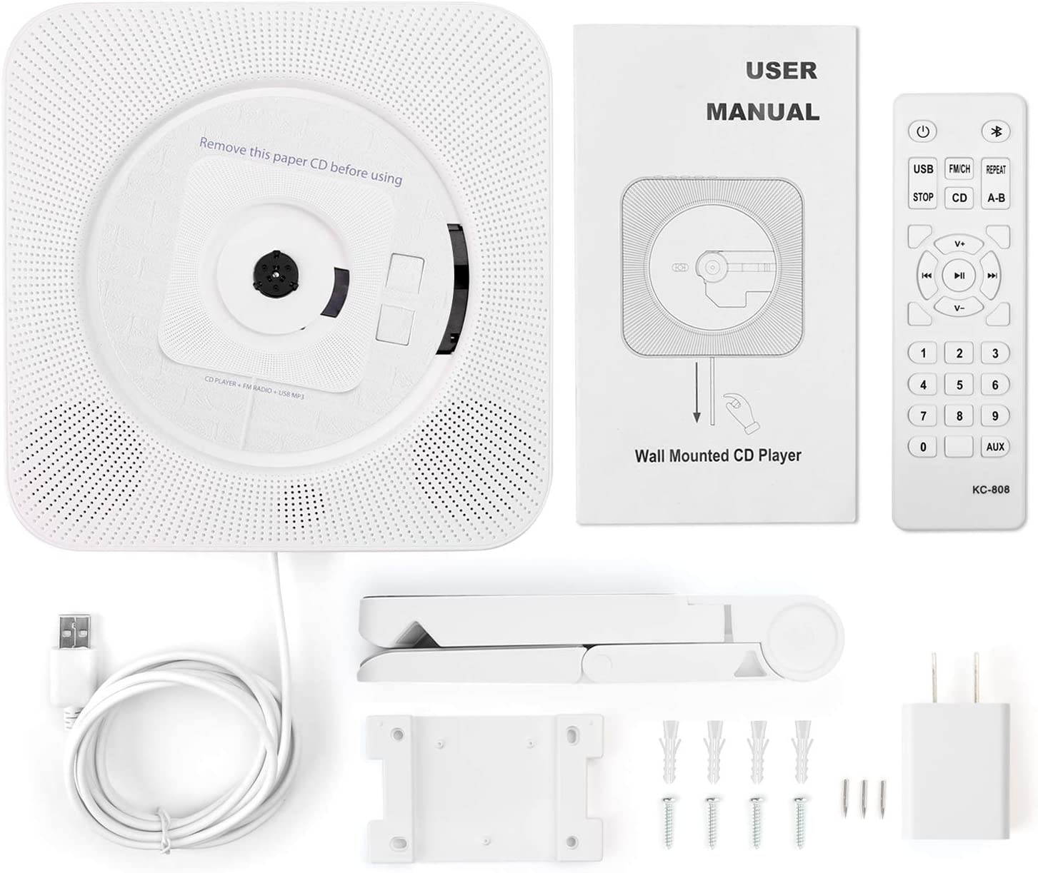 Portable CD Player with Bluetooth, Wall Mountable CD Music Player Home Audio Boombox with Remote Control FM Radio Built-in HiFi Speakers, MP3 Headphone Jack AUX Input Output