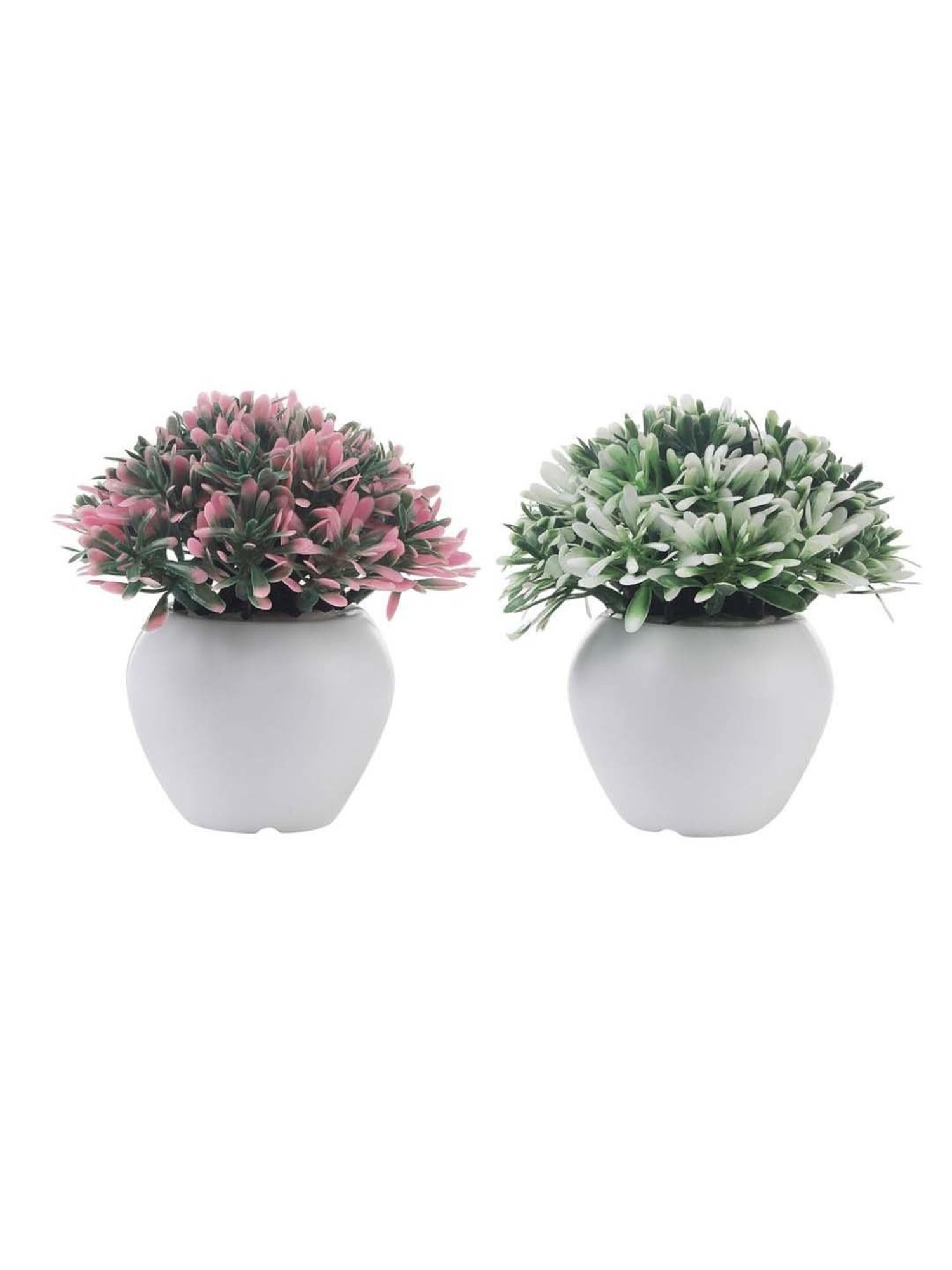 Foliyaj Green & Pink Plastic Artificial Mini Bush With Leaves - Set of 2