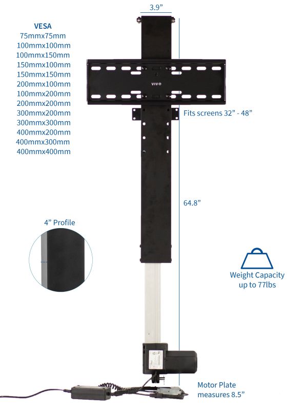 VIVO Black Compact Motorized Vertical TV Stand Lift for Screens 32" to 48"  | Television Mount Bracket (MOUNT-E-UP44)