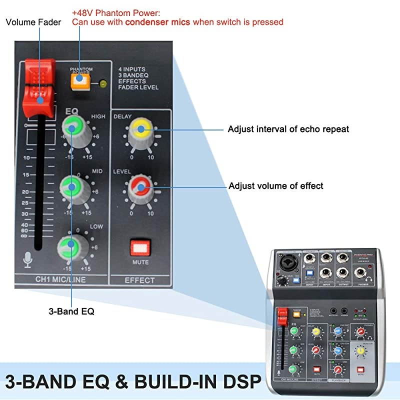 USB Audio Interface Mixer 4Channel 3Band EQ Echo Effects Audio Mixer with Interface to PC for Music Recording Ideal for Live Streaming Recording PTX10