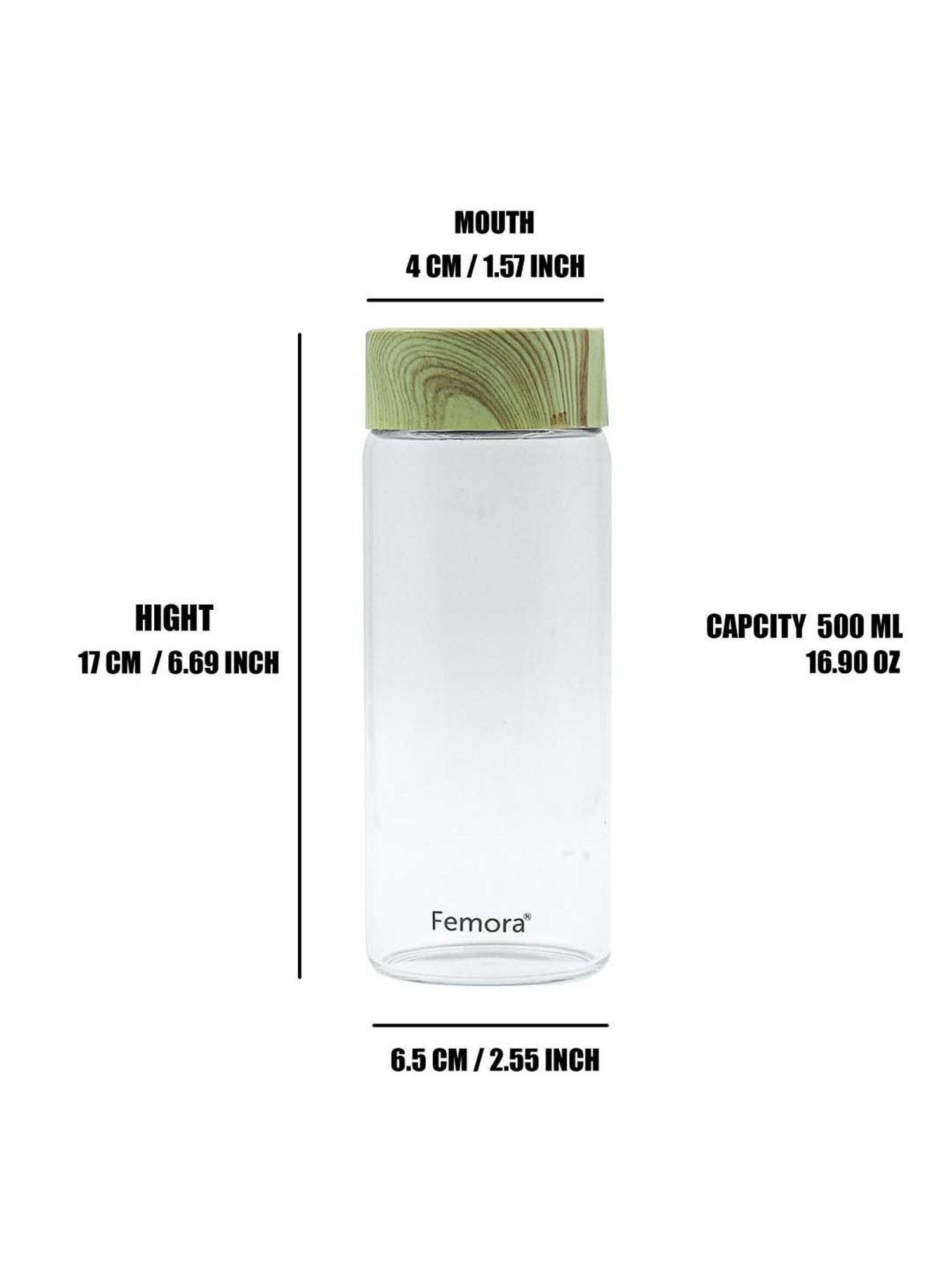 Femora Transprent Borosilicate Glass Water Bottle With Marble Lid (0.5 L) - Set of 2