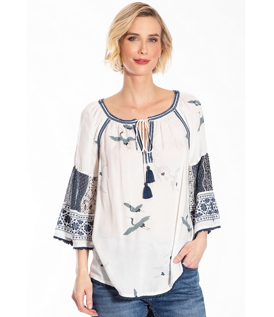 John Mark Bird Print Tassel Tie Embroidered Sleeve Tunic