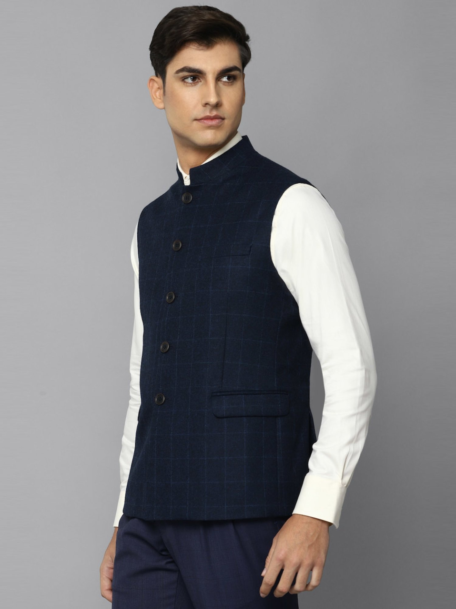 Louis Philippe Navy Slim Fit Checks Nehru Jacket