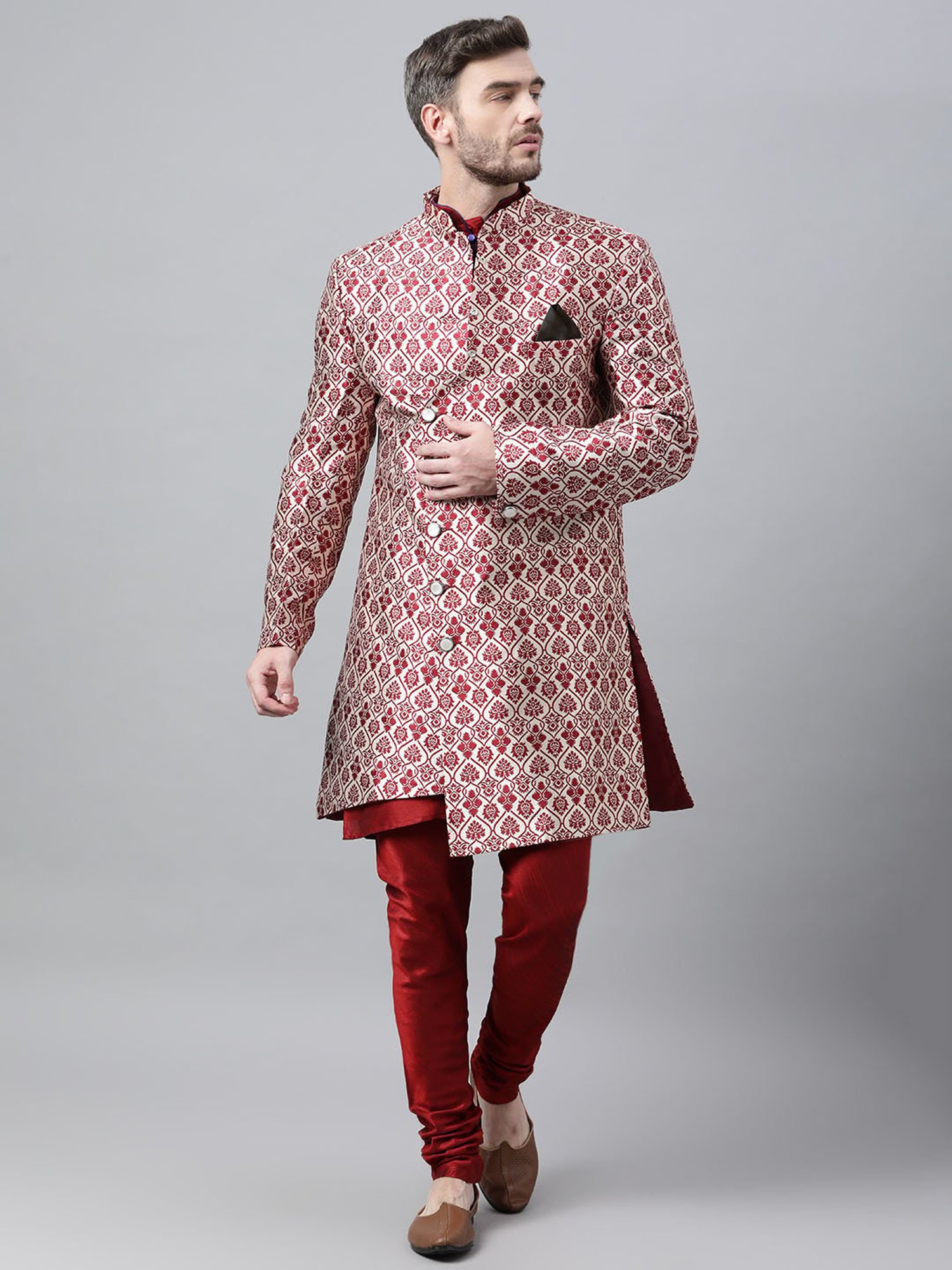 Hangup Plus Beige & Black Regular Fit Printed Sherwani Set