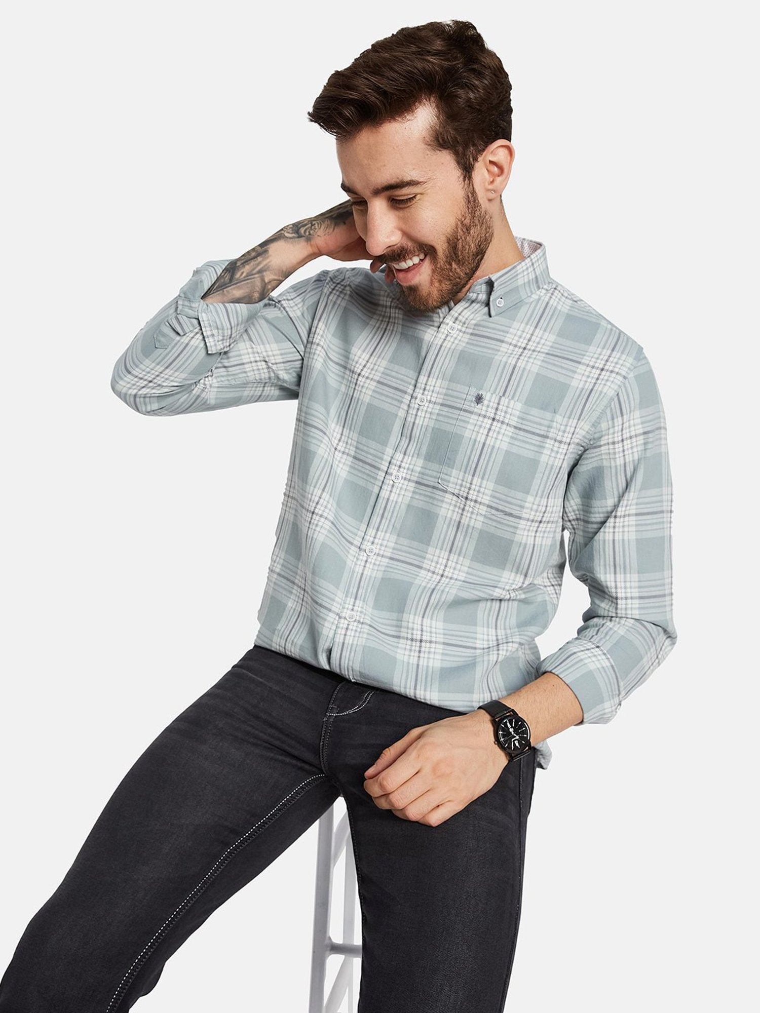 Mettle Green Cotton Regular Fit Checks Shirt
