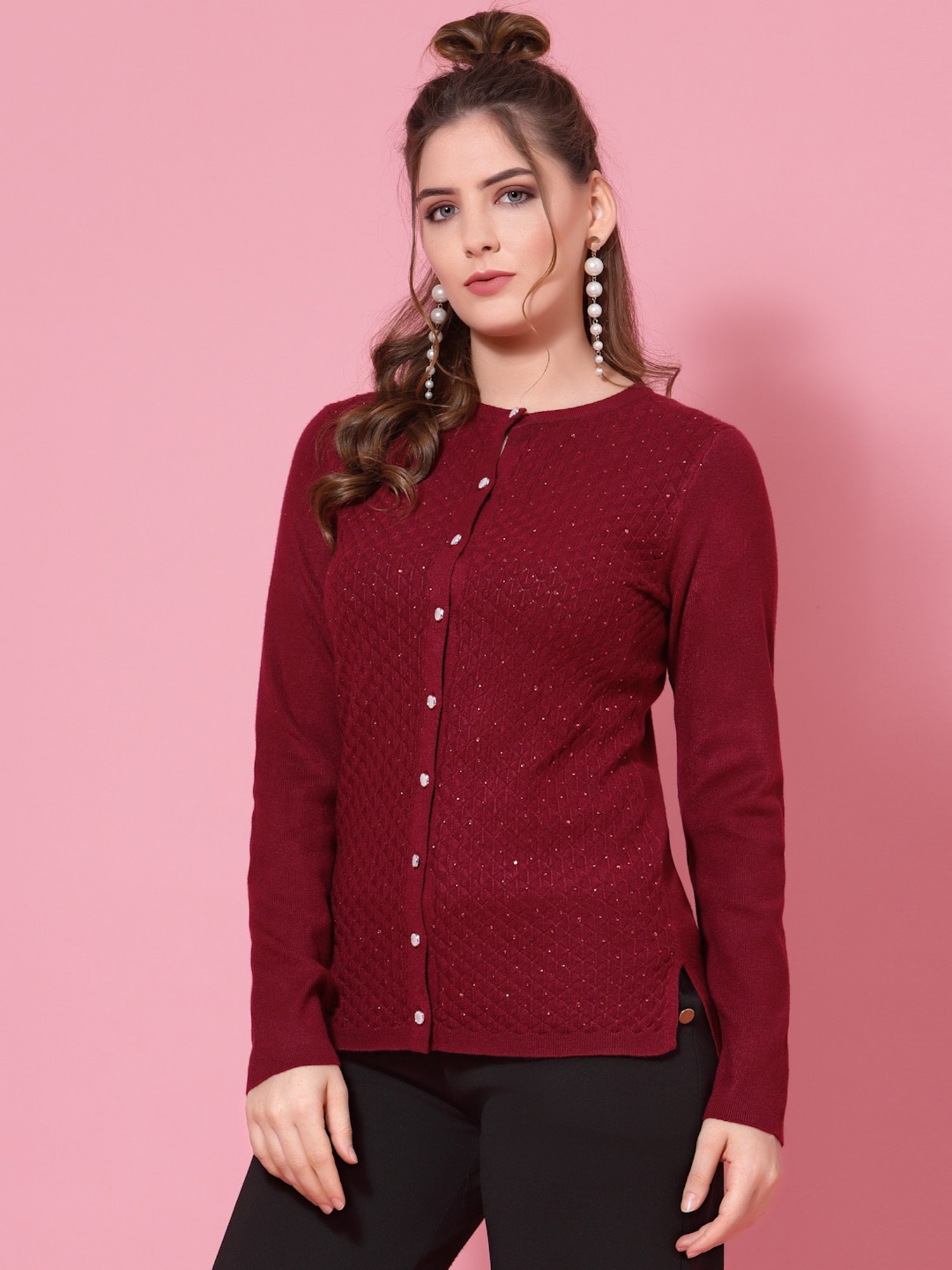 Mafadeny Maroon Embellished Cardigan