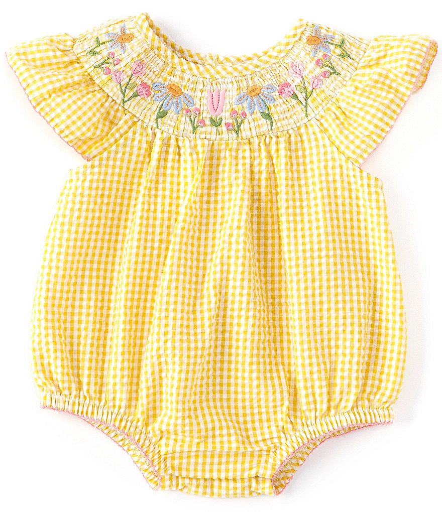 Mud Pie Baby Girls Newborn-12 Months Flutter-Sleeve Farmhouse Smocked Bubble Romper