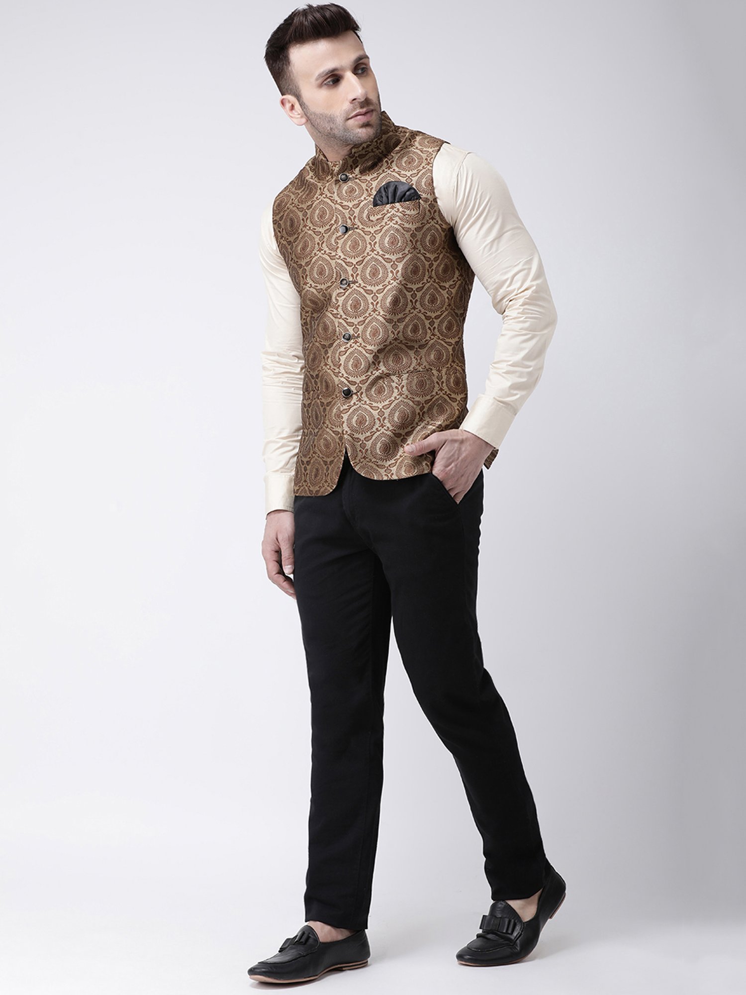 Hangup Plus Brown Regular Fit Jacquard Nehru Jacket
