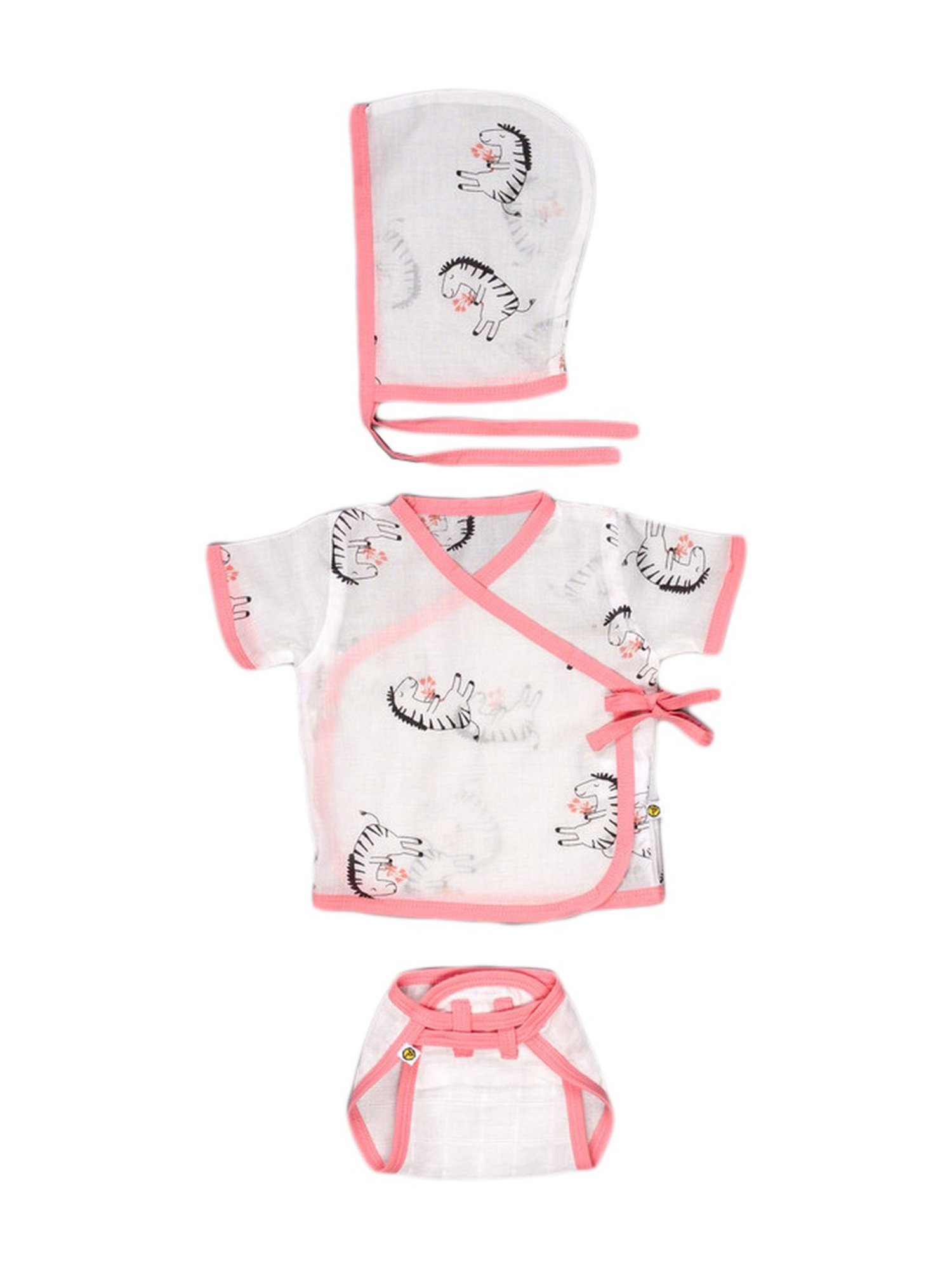 Pranava Kids White & Pink Cotton Animals AOP Printed Zabla Langot Set