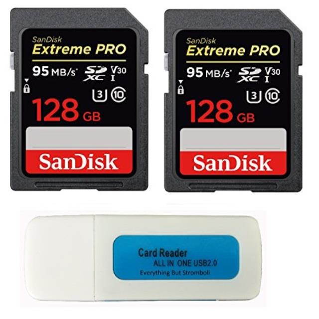 sandisk 128gb two pack extreme pro memory card sdsdxxg128ggn4in sdxc 4k v30 uhsi class 10 with everything but stromboli tm combo reader