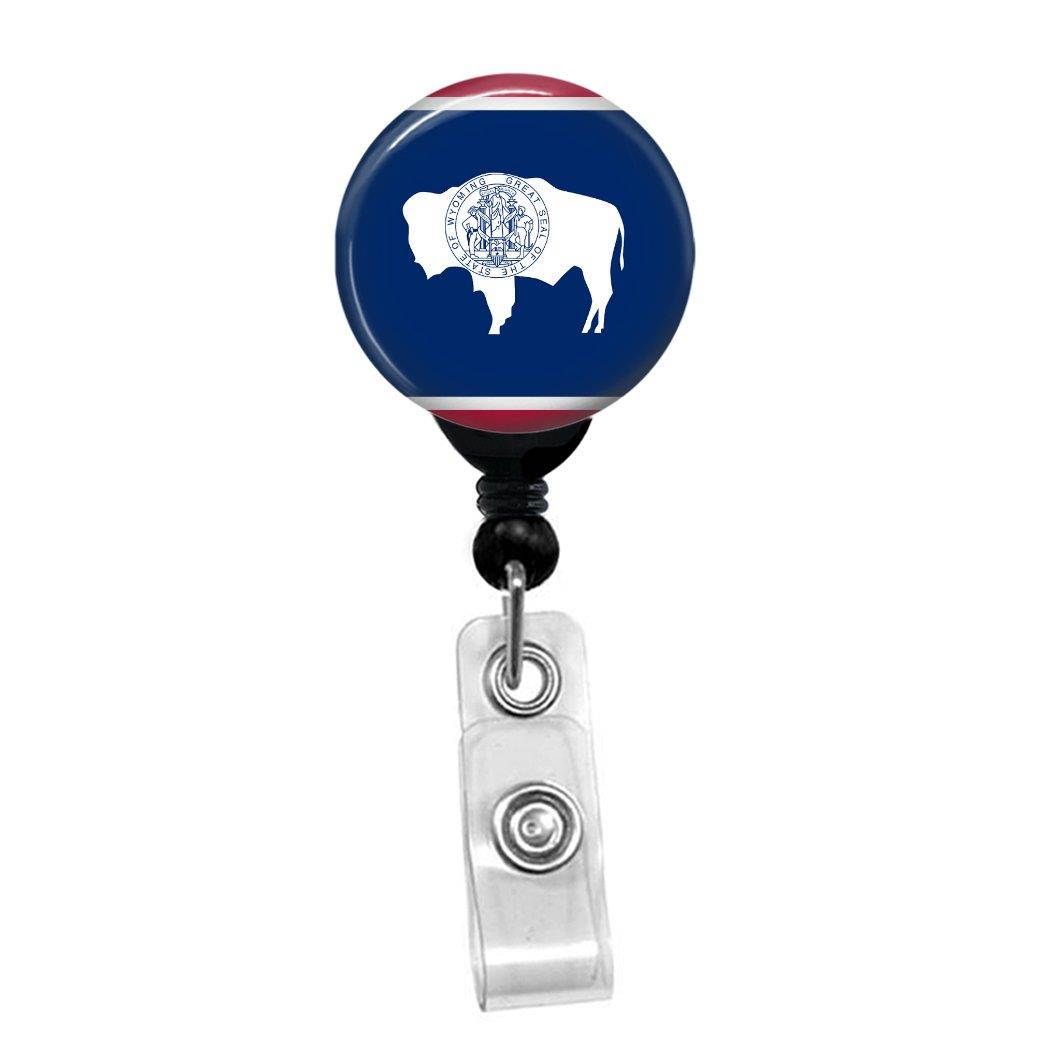 Wyoming State Flag Retractable Badge Reel - ID Card Name Tag Custom Badge Holder (Black Badge Reel with Spring Pinch Clip)