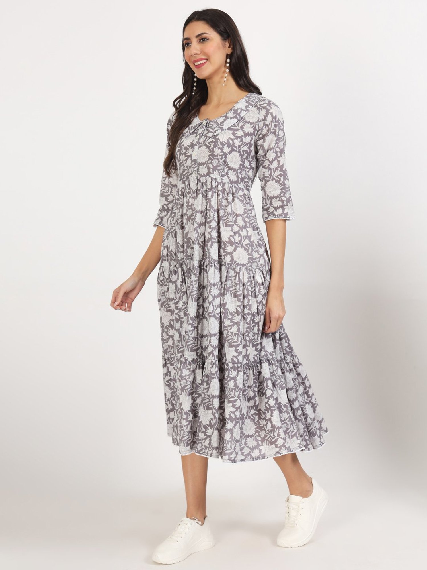 Divena Grey Floral Print Ethnic Dress