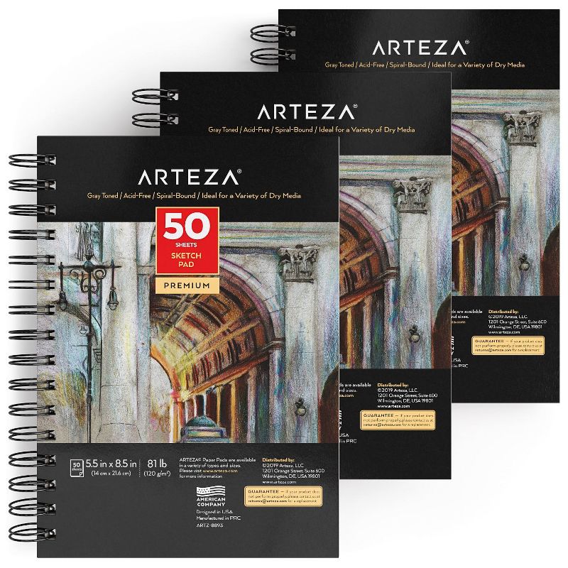 Arteza Sketchbook, 5.5" x 8.5", Gray Toned, 50 Sheets of Paper - 3 Pack (ARTZ-8893)