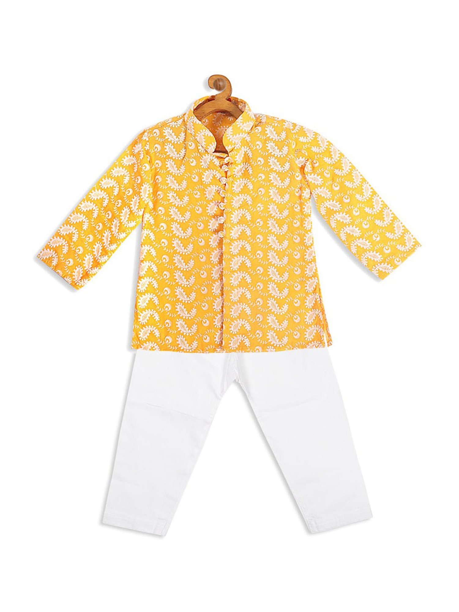 VASTRAMAY SISHU Yellow & White Cotton Embroidered Kurta Set